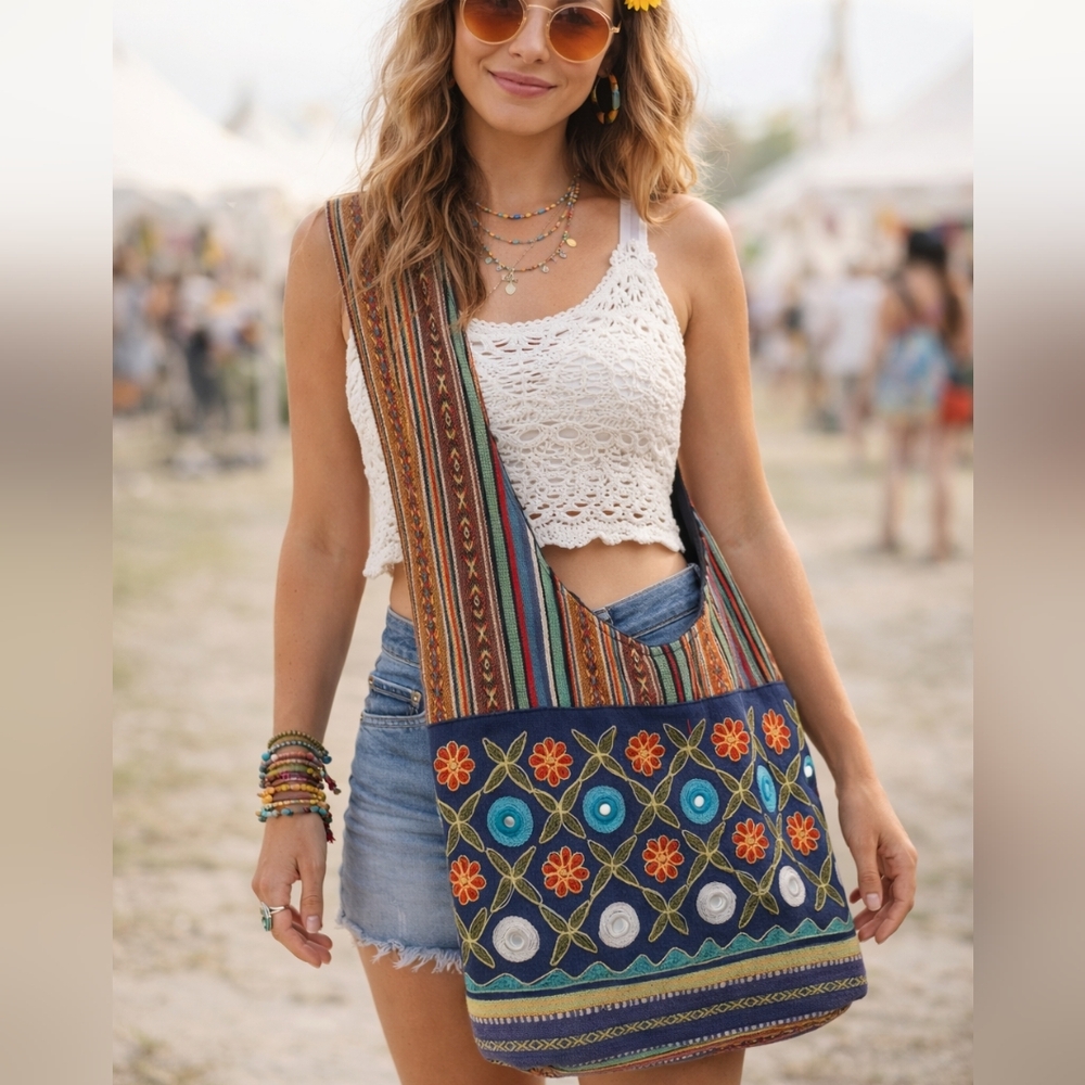 VINTAGE☮70's Boho MADE IN NEPAL Embroidered Crossbody Bag Multicolor 100%COTTON